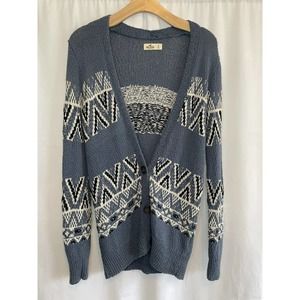 Hollister Womens Blue Tribal Print Long Sleeve Cardigan Sweater Size Small